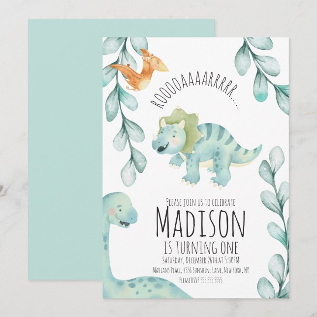 Invitation Aquarelle Dinosaur Premier anniversaire fête bleu (Devant / Derrière)