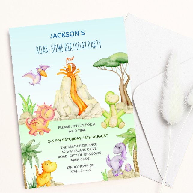 Invitation Aquarelle Dinosaur Volcano thème Anniversaire de e (Créateur téléchargé)
