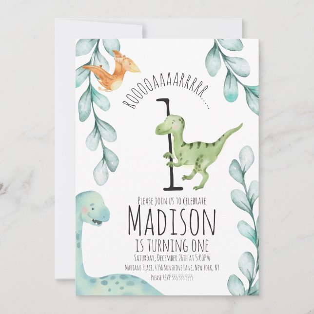 Invitation Aquarelle Dinosaure Premier anniversaire fête (Devant)