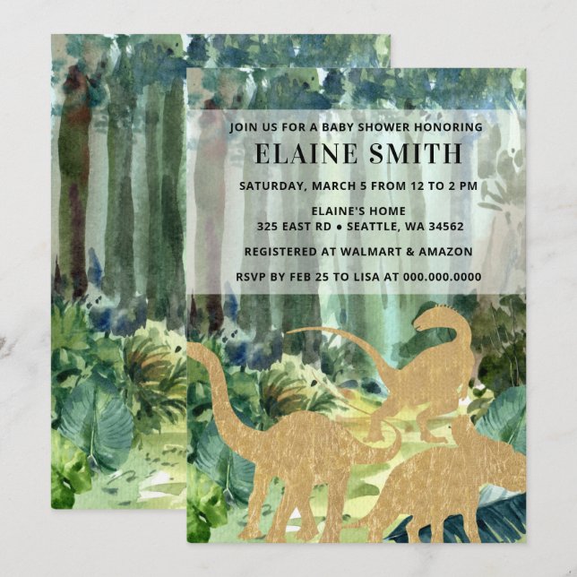 Invitation Aquarelle Dinosaure Sexe Baby shower neutre (Devant / Derrière)