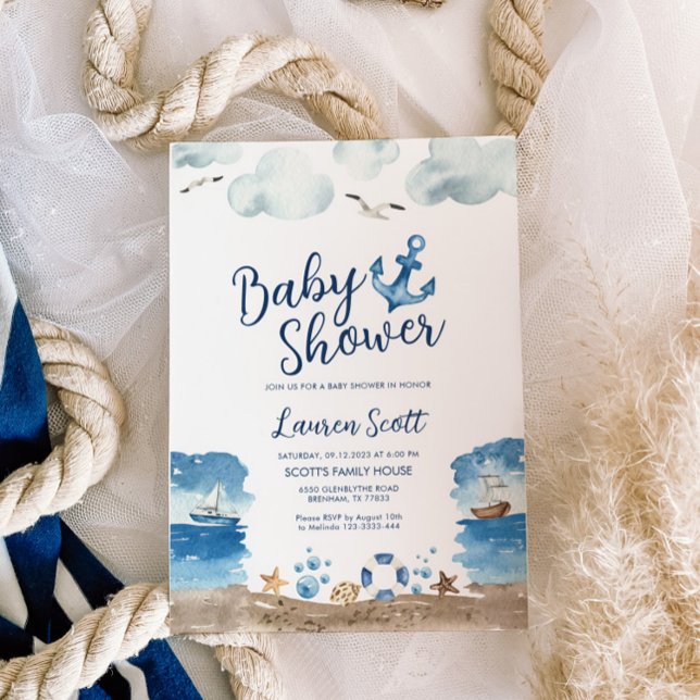 Invitation Aquarelle d'invitation de Baby shower nautique (Créateur téléchargé)