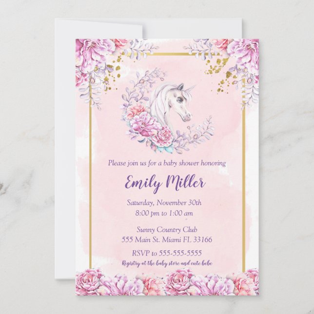 Invitation Aquarelle d'invitation de baby shower Unicorne (Devant)