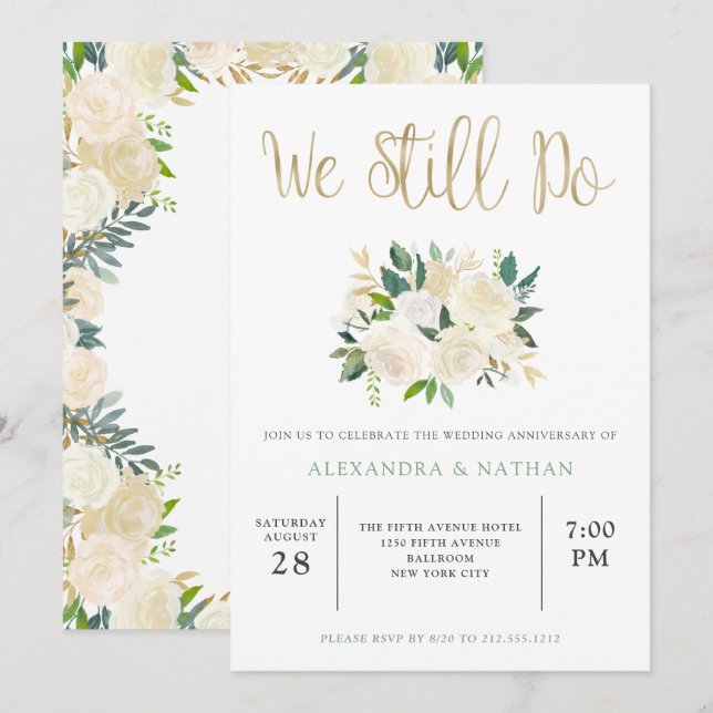 Invitation Aquarelle d'ivoire Floral | Anniversaire du Mariag (Devant / Derrière)