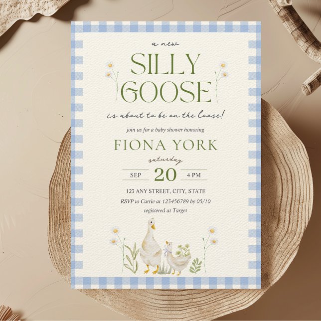 Invitation Aquarelle d'oie soie Baby shower garçon (Silly Goose On the Loose Boy Baby Shower Invitation Blue Gingham Aesthetic Minimalist)