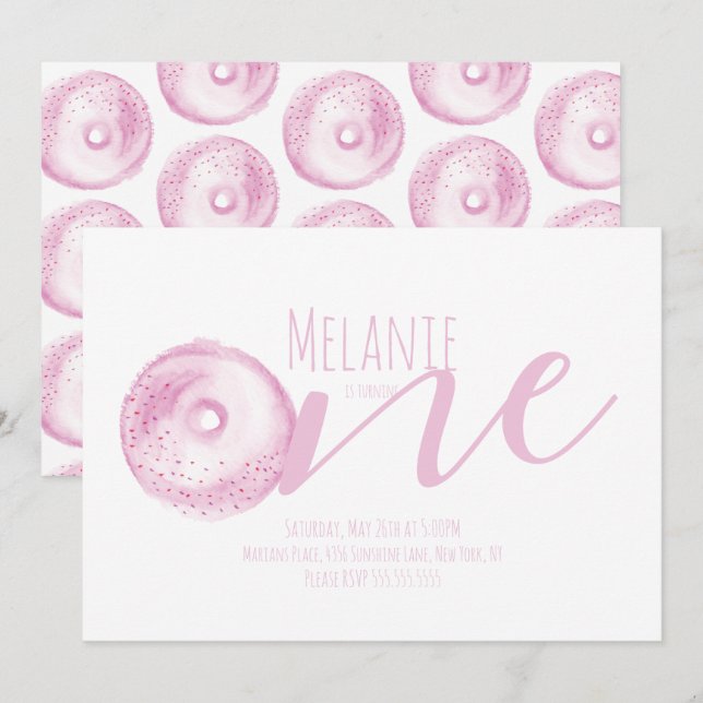 Invitation Aquarelle Donut premier anniversaire Sweet Party r (Devant / Derrière)