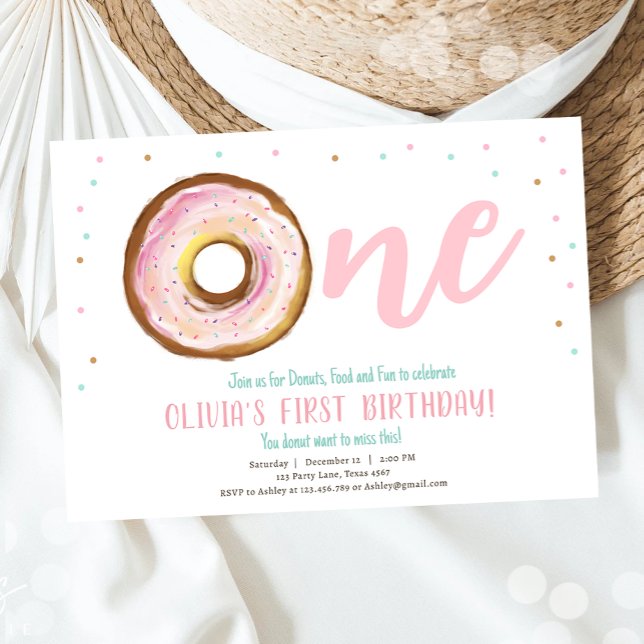 Invitation Aquarelle Donut Sweet One Girl Premier anniversair (Créateur téléchargé)