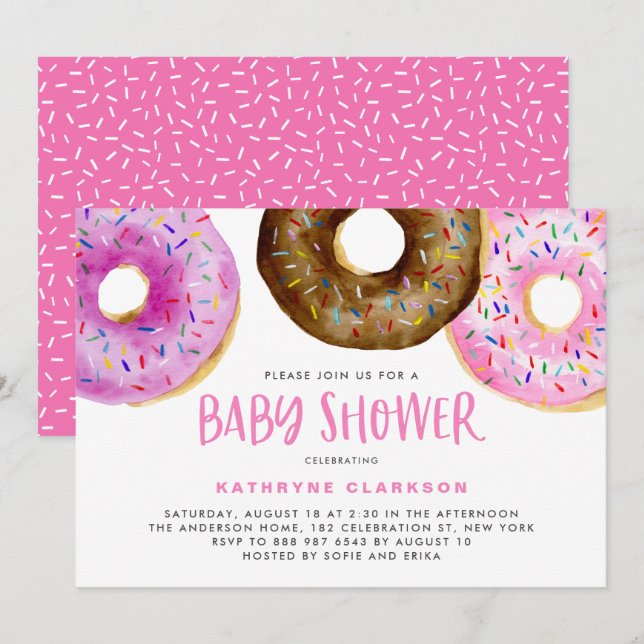 Invitation Aquarelle Donuts C'est une fille Baby Sprinkle Dou (Devant / Derrière)