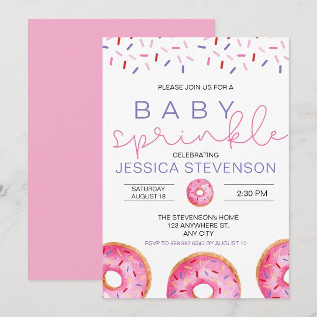 Invitation Aquarelle Donuts fille bébé Sprinkle Douche (Devant / Derrière)