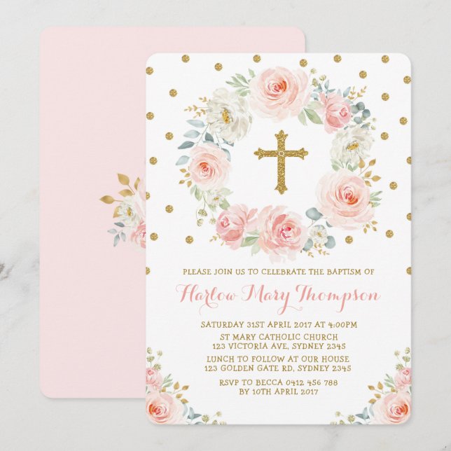 Invitation Aquarelle d'or bleu Baptême floral Christening (Devant / Derrière)