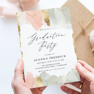 Invitation Aquarelle d'or Blush & Sage Graduation géométrique