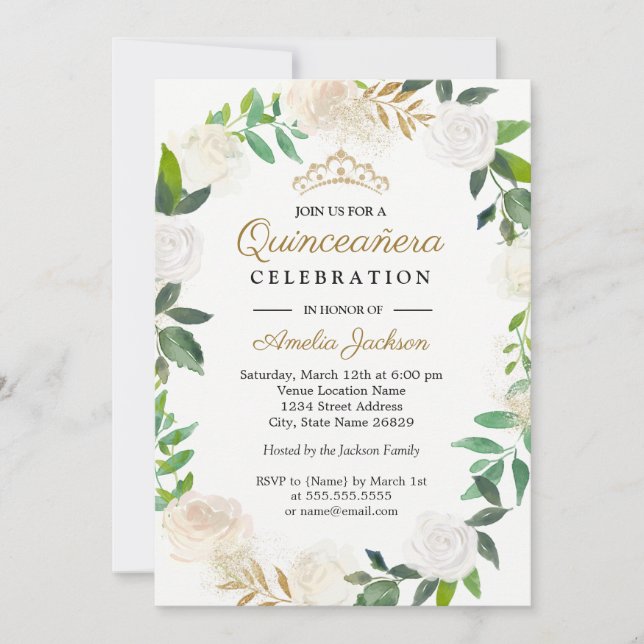 Invitation Aquarelle d'or Blush Wreath Quinceanera 15e (Devant)