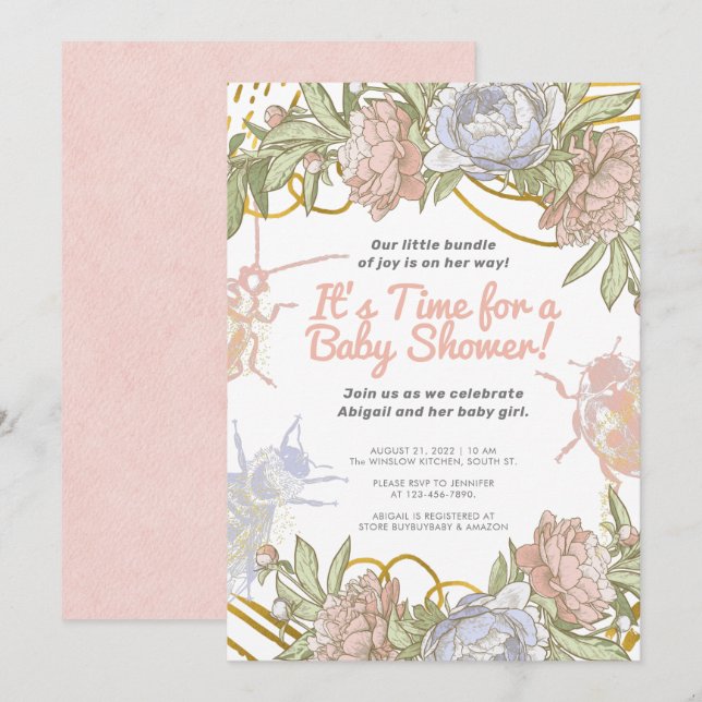 Invitation Aquarelle d'or Floral & Baby shower de filles vert (Devant / Derrière)