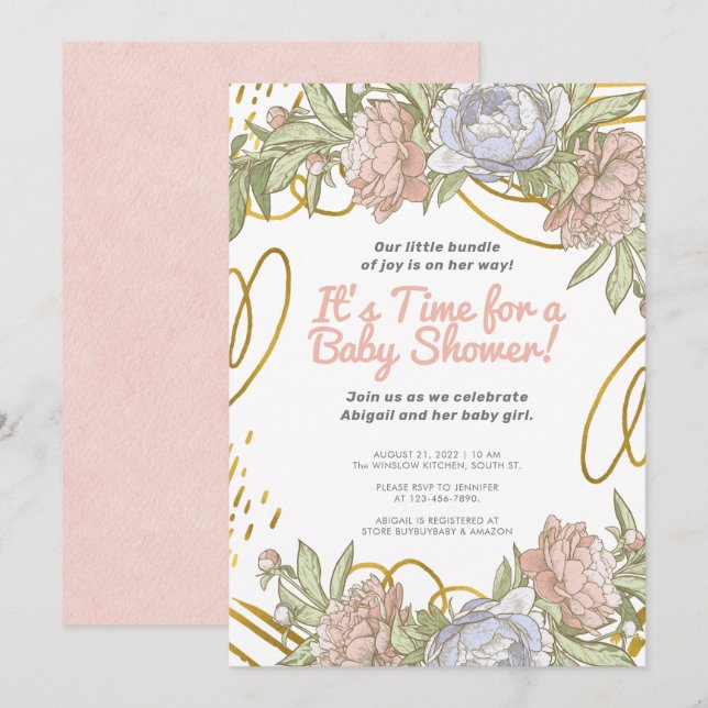 Invitation Aquarelle d'or Floral & Baby shower de filles vert (Devant / Derrière)
