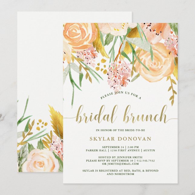 Invitation Aquarelle d'or florale sur le brunch nuptiale du (Devant / Derrière)