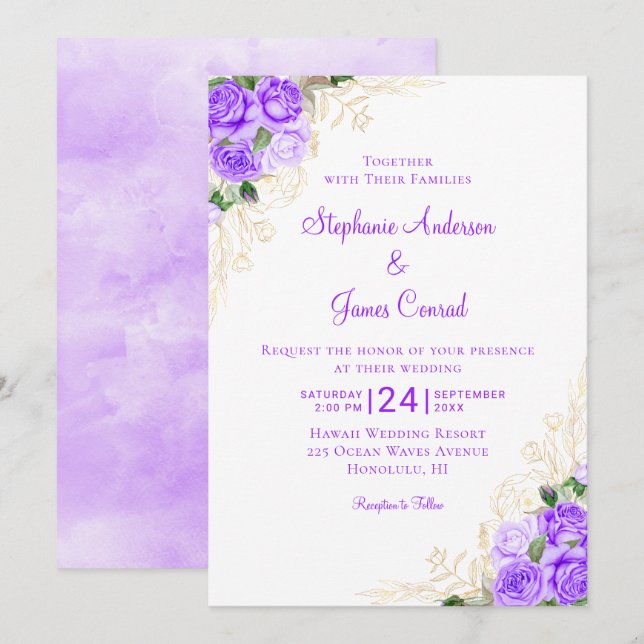 Invitation Aquarelle d'or violet Mariage floral (Devant / Derrière)