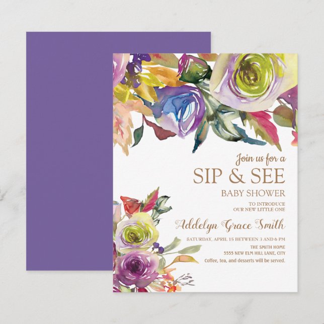 Invitation Aquarelle d'or violet Sip floral Voir Baby shower (Devant / Derrière)