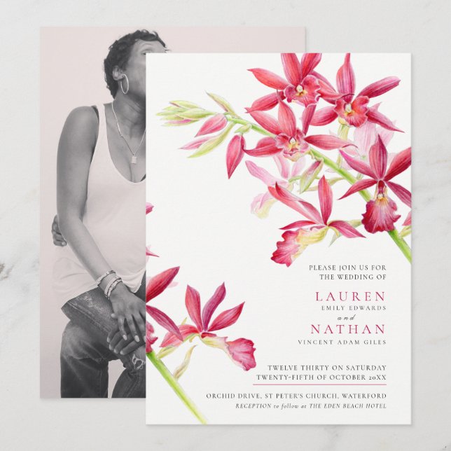 Invitation Aquarelle d'orchidée rouge photo mariage (Devant / Derrière)