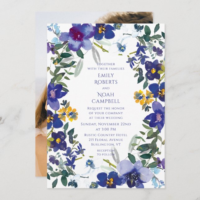 Invitation Aquarelle d'orchidée violette et blanche Mariage d (Devant / Derrière)