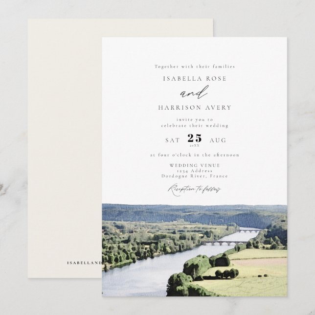 Invitation Aquarelle Dordogne Rivière Mariage Sud France (Devant / Derrière)