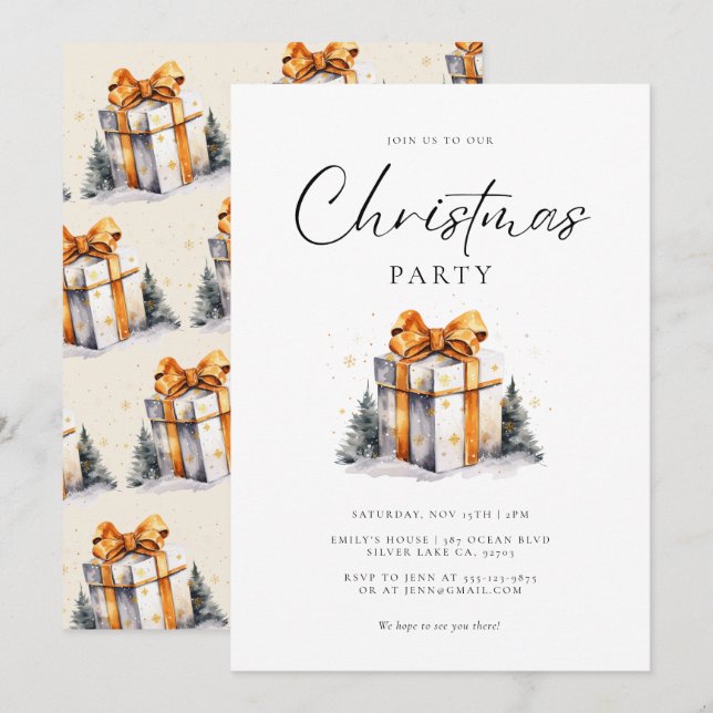 Invitation Aquarelle dorée de Noël (Devant / Derrière)