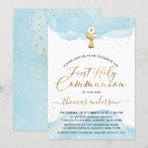 Invitation Aquarelle dorée et bleue 1ère communion sainte