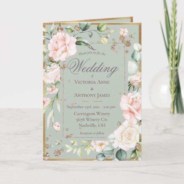 Invitation Aquarelle dorée Florale Mariage romantique (Devant)