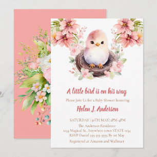 Invitation Aquarelle douce aux oiseaux Baby shower rose