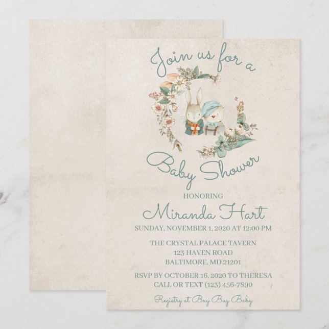 Invitation Aquarelle douce Baby shower d'animaux rustiques (Devant / Derrière)