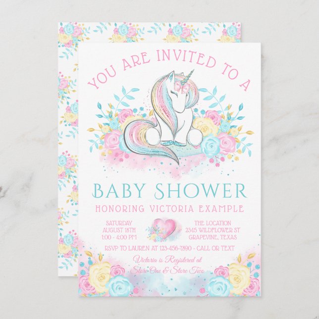 Invitation Aquarelle douce Baby shower Unicorn (Devant / Derrière)