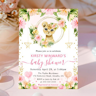 Invitation Aquarelle Douce Fête de Naissance Lion Rose Jungle