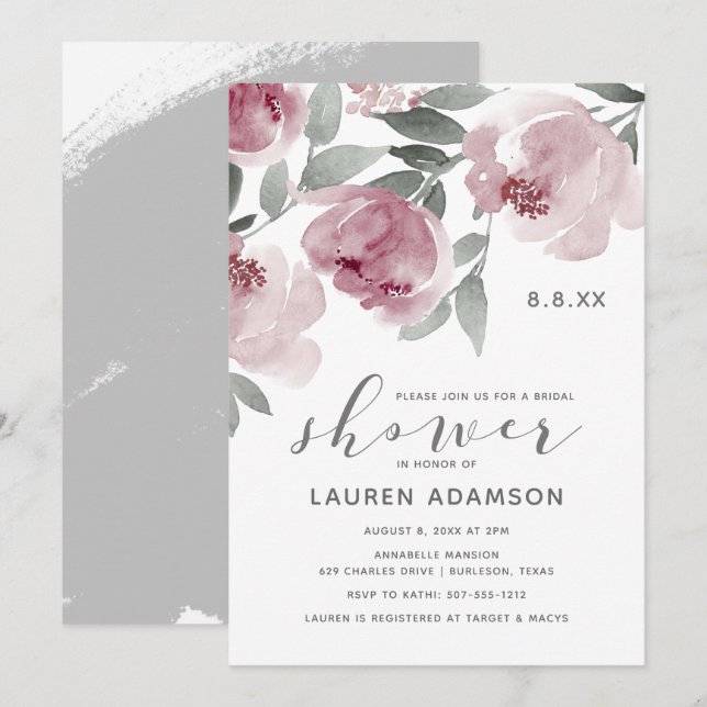 Invitation Aquarelle douce Fête des mariées Rose poussiéreuse (Devant / Derrière)