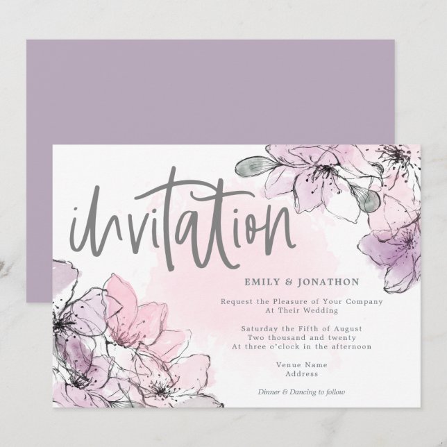 Invitation Aquarelle douce Flores Lilac Pink Script Mariage (Devant / Derrière)