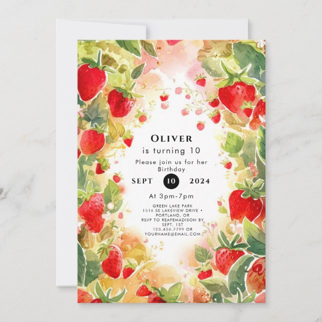 Invitation Aquarelle douce Fraise colorée Anniversaire (Devant)