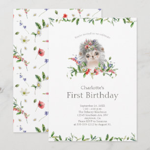Invitation Aquarelle douce Hérisson Floral Premier anniversai