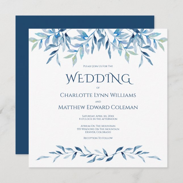 Invitation Aquarelle douce Mariage Branches bleues (Devant / Derrière)