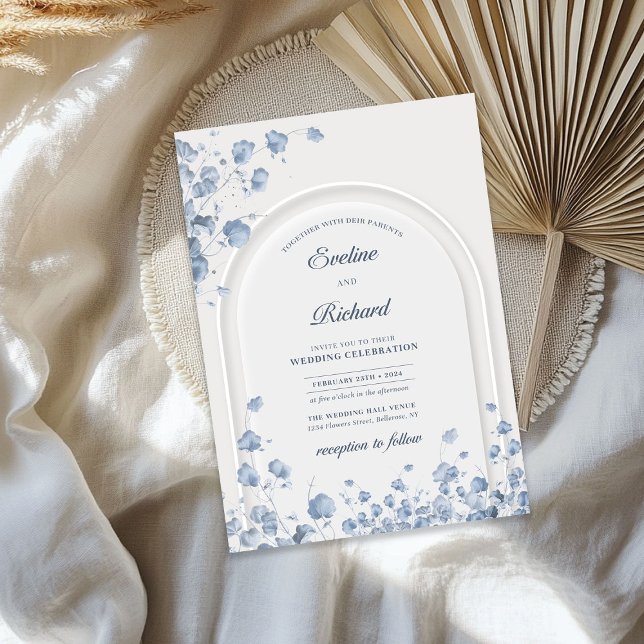 Invitation Aquarelle douce pastel bleu fleur sauvage boho arc (Watercolor soft pastel blue wildflowers boho arch invitation)