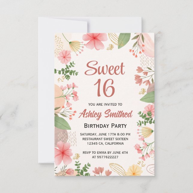 Invitation Aquarelle douce pastel or floral photo Sweet 16 (Devant)