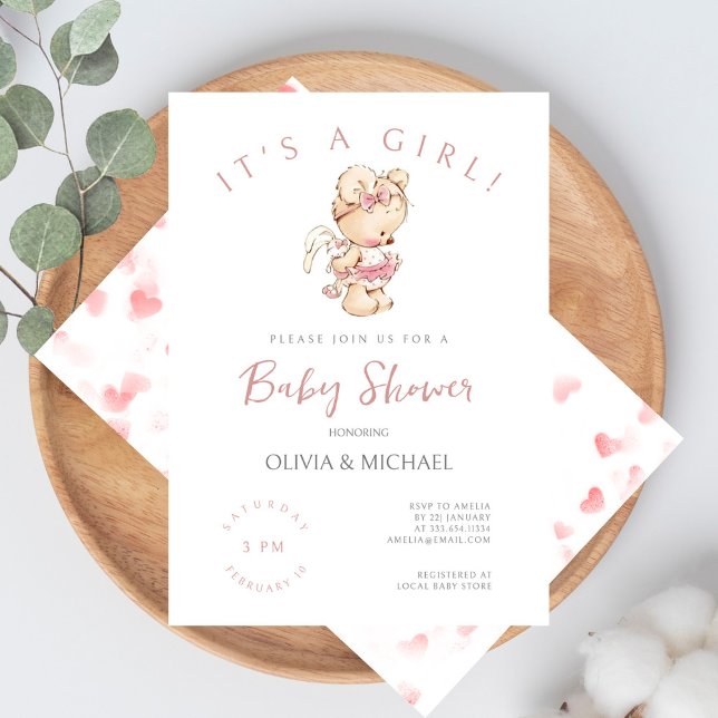 Invitation Aquarelle douce Petit Baby shower d'ours de fille (Créateur téléchargé)