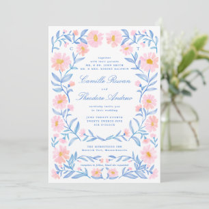 Invitation Aquarelle douce rose et bleu Poudre Orné Floral