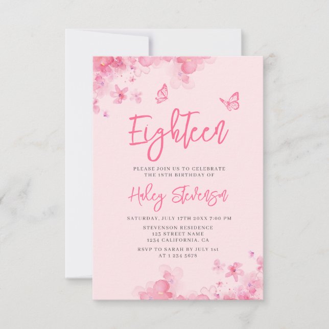 Invitation Aquarelle douce rose pastel 18e anniversaire (Devant)