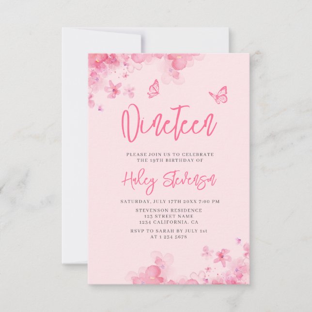 Invitation Aquarelle douce rose pastel 19e anniversaire (Devant)