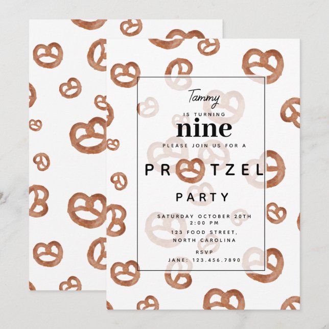 Invitation Aquarelle douce salée Pretzel fête d'anniversaire (Devant / Derrière)