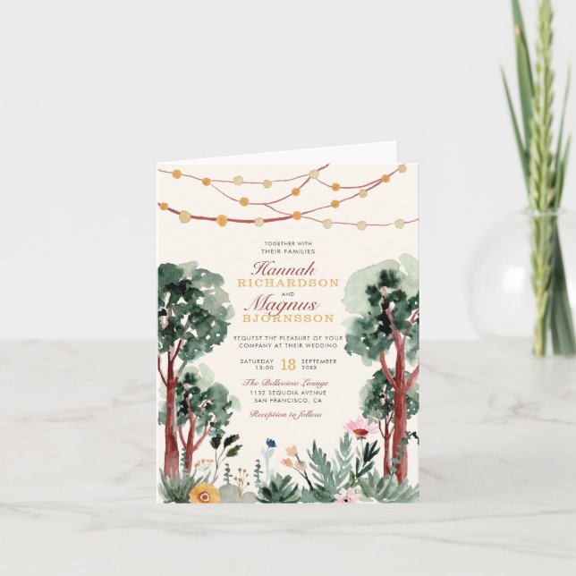 Invitation Aquarelle douce vert foncé Arbres Mariage unique (Devant)