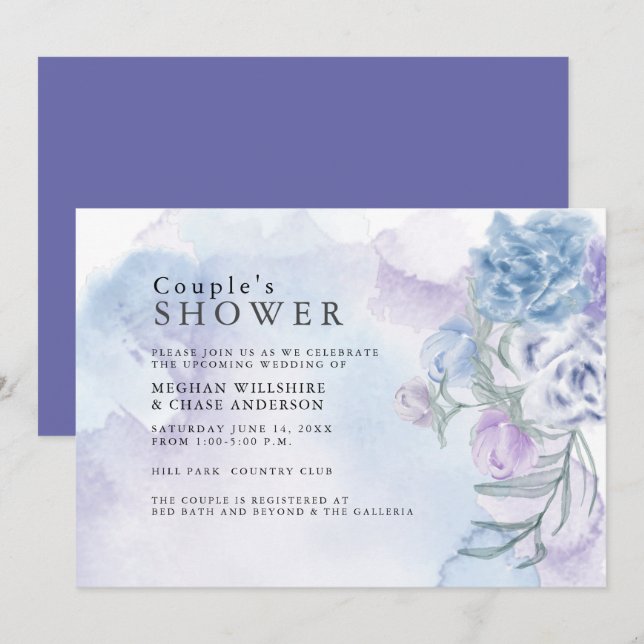 Invitation Aquarelle Douche Florale bleu foncé (Devant / Derrière)