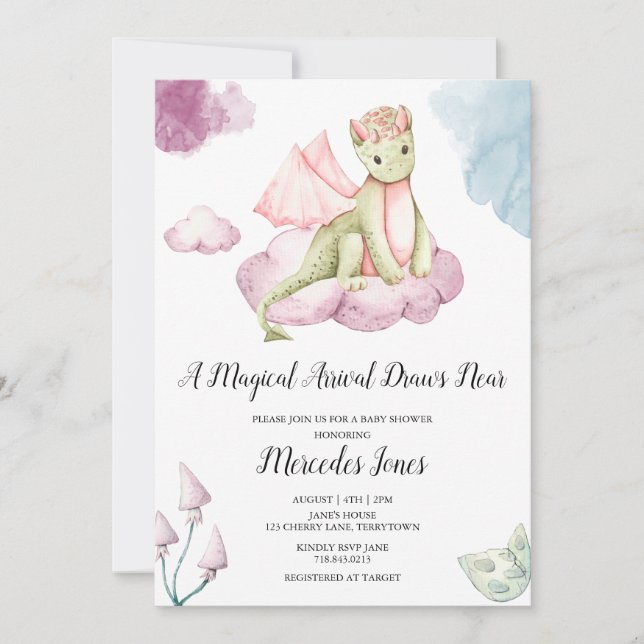 Invitation Aquarelle Dragon Baby shower d'arrivée magique (Devant)