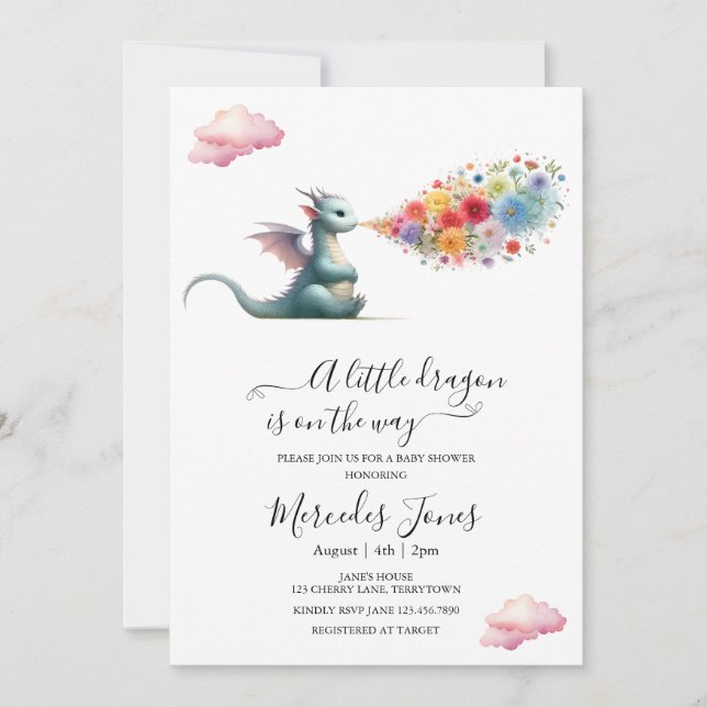 Invitation Aquarelle Dragon Bébé Avec Arc En Ciel Fleurs Art (Devant)