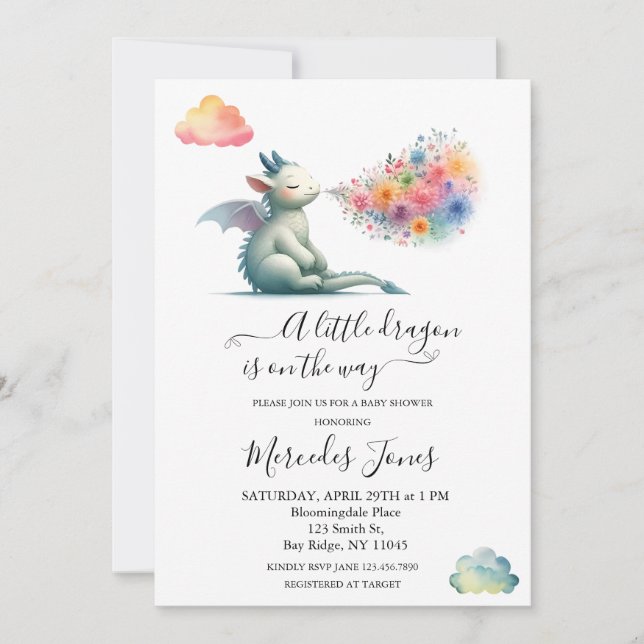 Invitation Aquarelle Dragon Bébé Avec Fleurs Arc En Ciel (Devant)