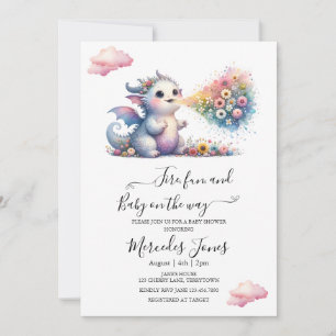 Invitation Aquarelle Dragon Bébé Avec Fleurs Arc En Ciel Feu