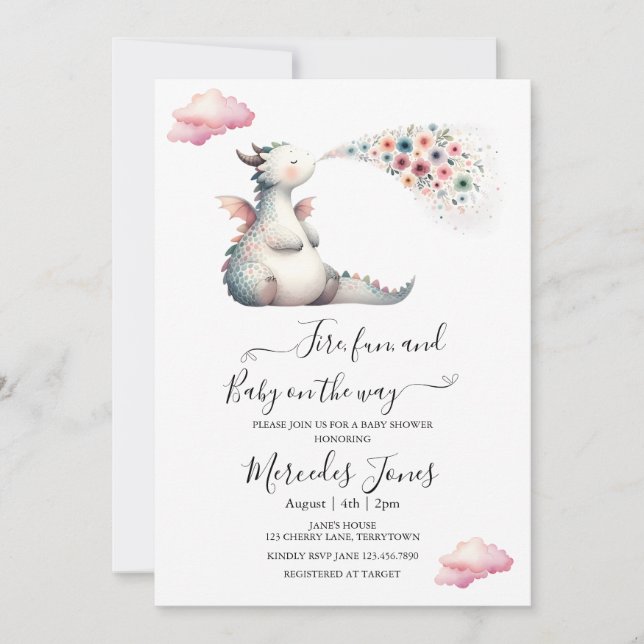 Invitation Aquarelle Dragon Bébé Avec Fleurs Arc En Ciel Feu (Devant)