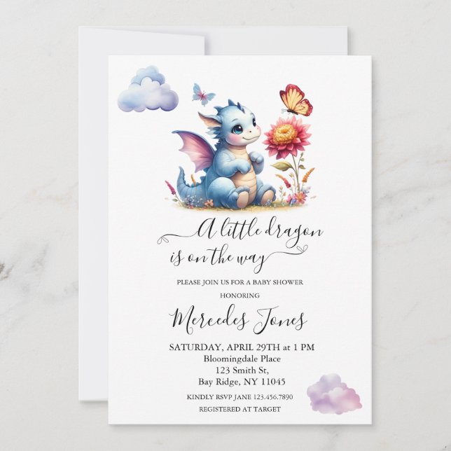 Invitation Aquarelle Dragon Bébé Avec Fleurs et Papillon (Devant)